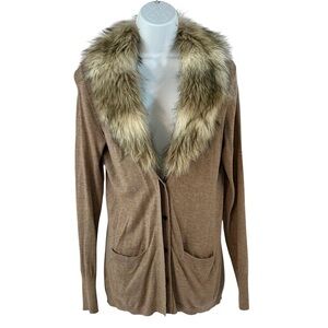 Ann Taylor Loft Cardigan Sweater Small Beige Tan Faux Fur Removable Collar Thin
